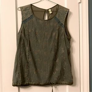 Anthropologie embroidered sleeveless green blouse